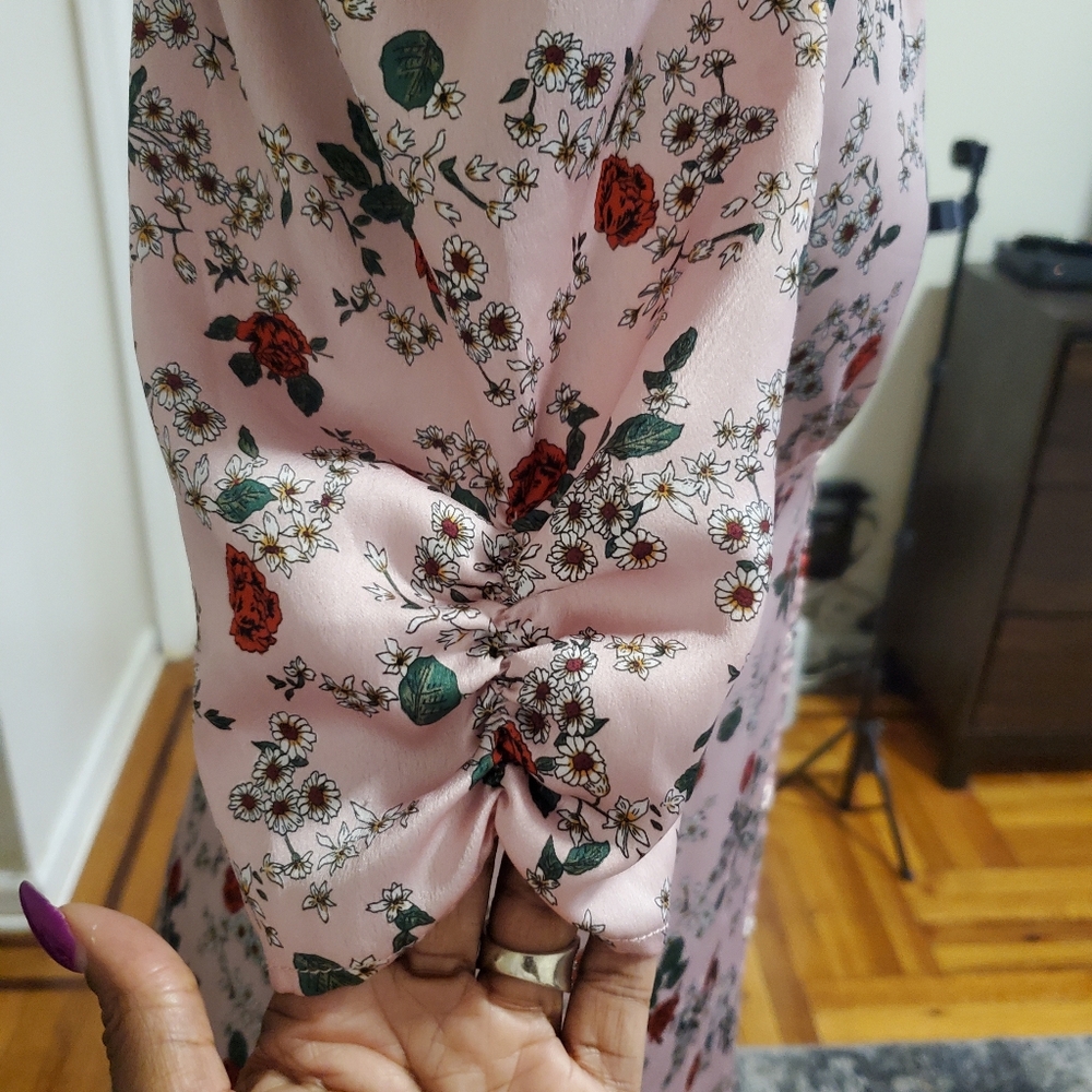 ZARA Mini Dress Pink Floral Print v-neck puff sleeve ruching XS Coquette Girl - Picture 5 of 8